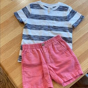 Janie and Jack Boys Size 5 Striped Blue  and White Shirt with Red Shorts
